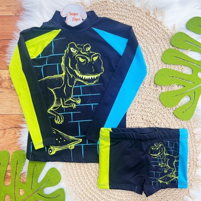 Linha Praia - Blusa com Proteção UV50+ e Sunga - Dino Rex - Preto